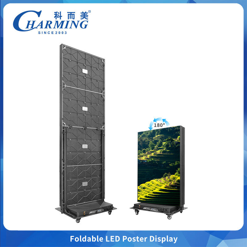 จอโปสเตอร์ LED แบบพับได้ P1.86 พับเก็บได้ ใช้ในร่ม เคลื่อนย้ายได้พร้อมล้อ