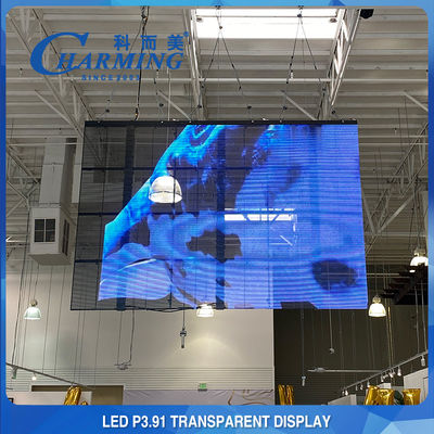 3D P3.91-7.8 ผนังวิดีโอ LED แบบโปร่งใสหน้าจอกระจกหล่อวัสดุอลูมิเนียม