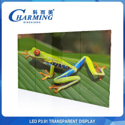 หน้าจอวิดีโอโปร่งใสกันน้ำ 4k P3.91 5000Cd/M2 เช่ากลางแจ้ง